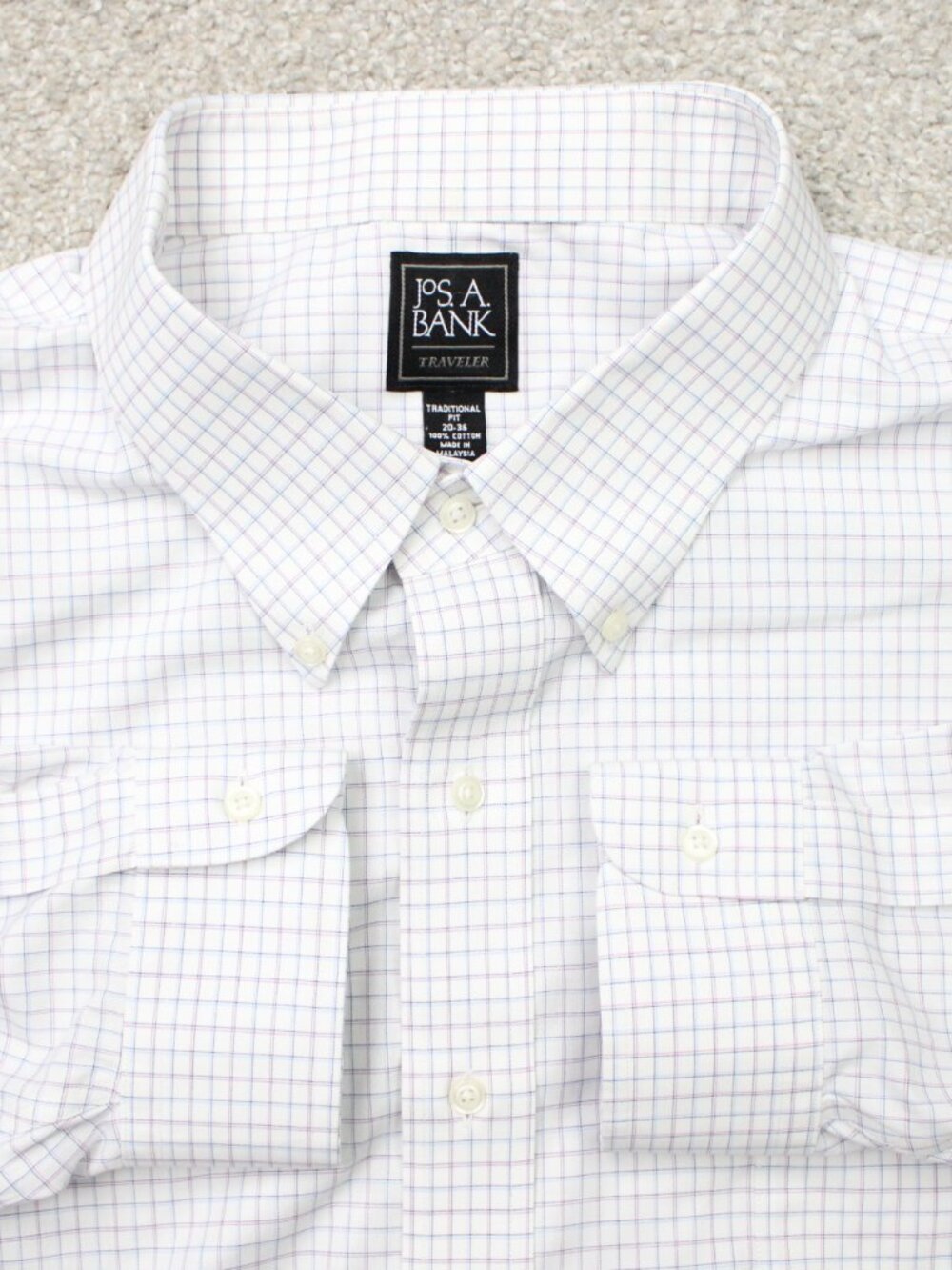 Jos. A. Bank Shirt Mens 20, 35 Blue/White Traveler Traditional Fit Cotton L/S